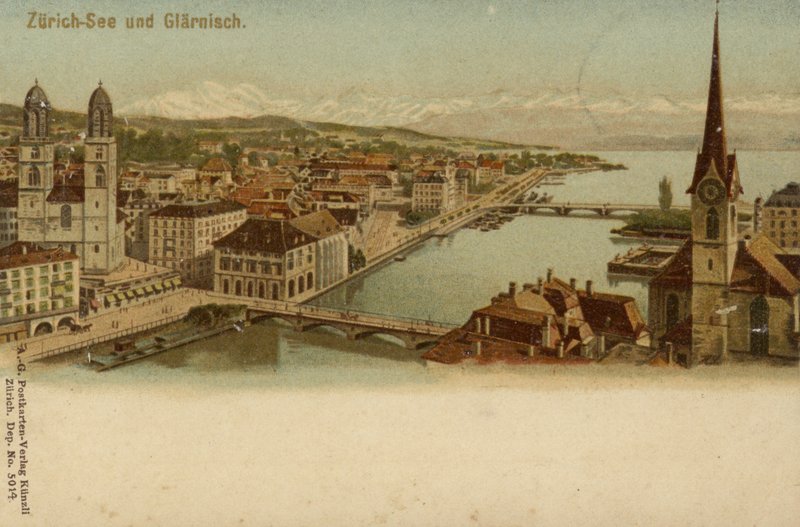 Zürih şehrinin genel bir görünümünü gösteren kartpostal by German School