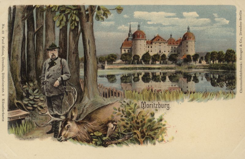 Arka planda Moritzburg Şatosu olan, vurulmuş bir geyiği olan bir adamı gösteren kartpostal by German School