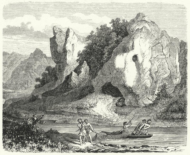 Ağlarla balık tutan tarih öncesi erkekler (gravür) by German School