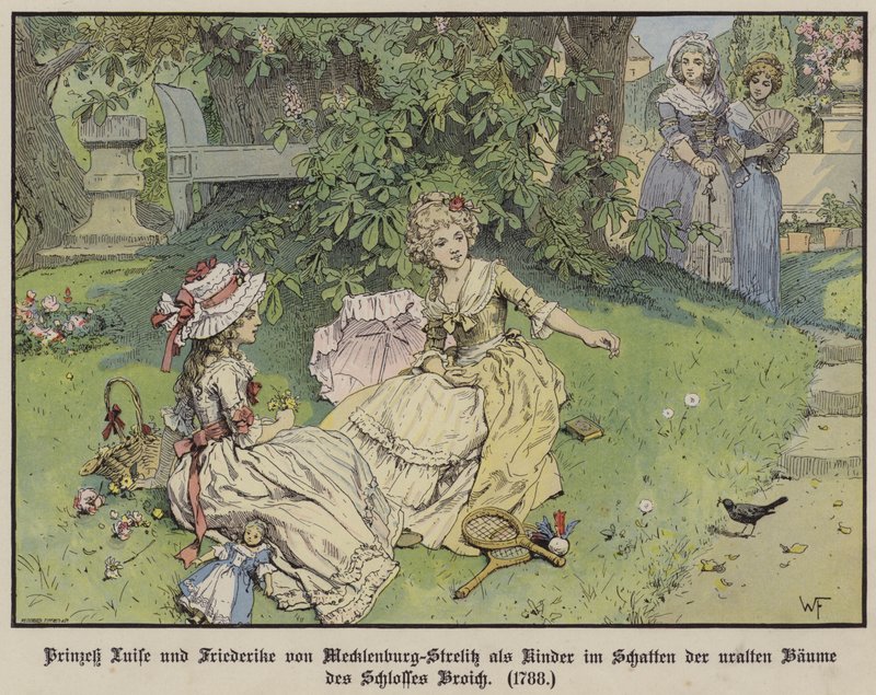 Mecklenburg-Strelitz Prensesleri Louise ve Frederike, çocukken Broich Kalesi ağaçlarının altında gölgede by German School