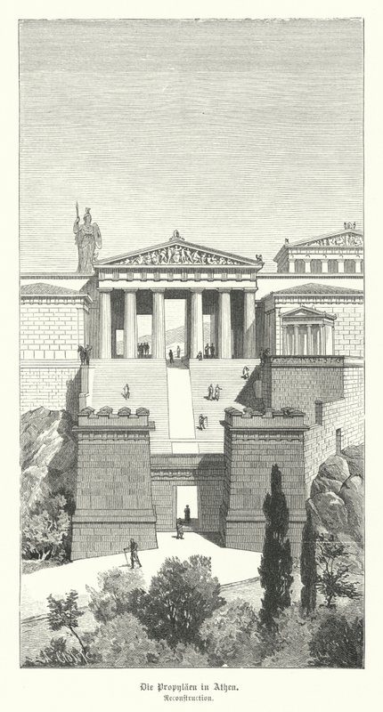 Propylaea, Atina Akropolü'ne giriş, Antik Yunanistan (gravür) by German School