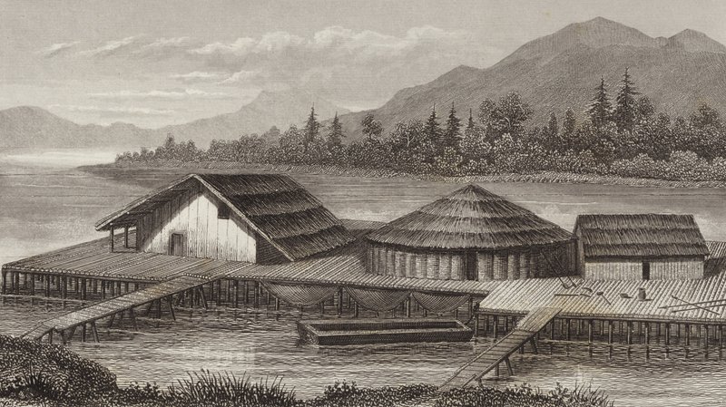 Eski bir göl köyünün yeniden inşası. Bilder-Atlas için İllüstrasyon (gravür) by German School