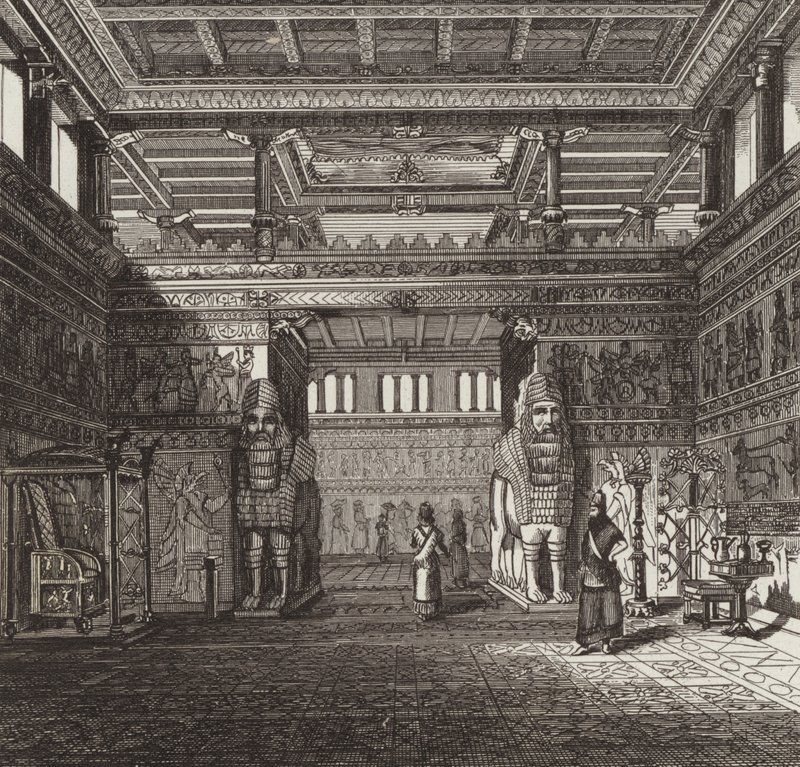 Bir Asur kralının salonunun yeniden inşası. Bilder-Atlas için İllüstrasyon (gravür) by German School