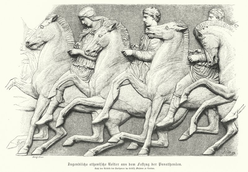 Atinalı gençleri ata binerken gösteren Parthenon frizinden kabartma (gravür) by German School