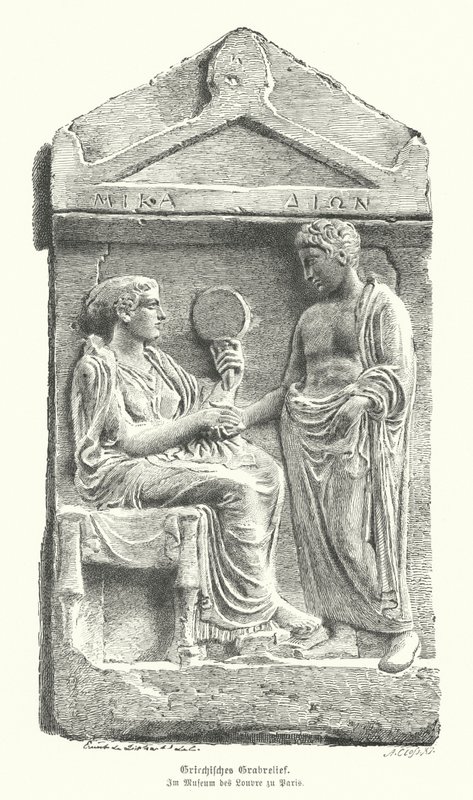 Antik Yunan mezar taşında kabartma (gravür) by German School