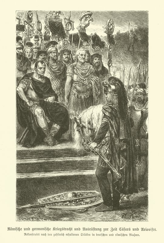 Julius Caesar ve Ariovistus zamanının Roma ve Germen silahları ve askeri kostümü by German School