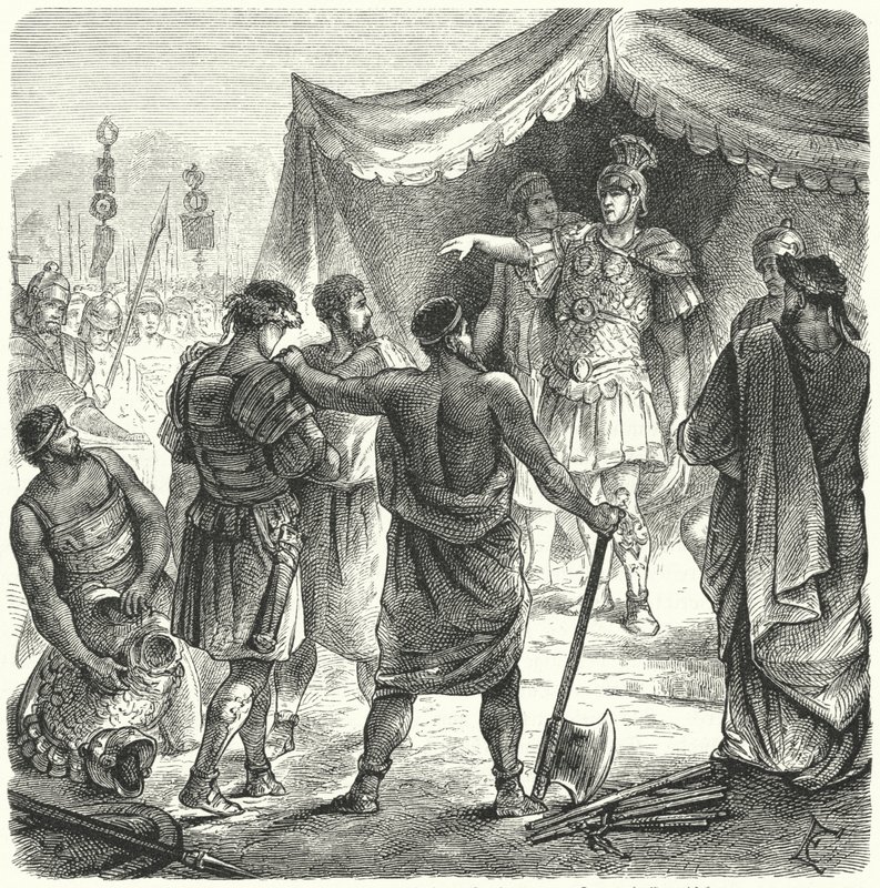 Roma konsolosu Titus Manlius Torquatus, savaşta görevini bıraktığı için oğlunu ölüme mahkum ediyor (gravür) by German School