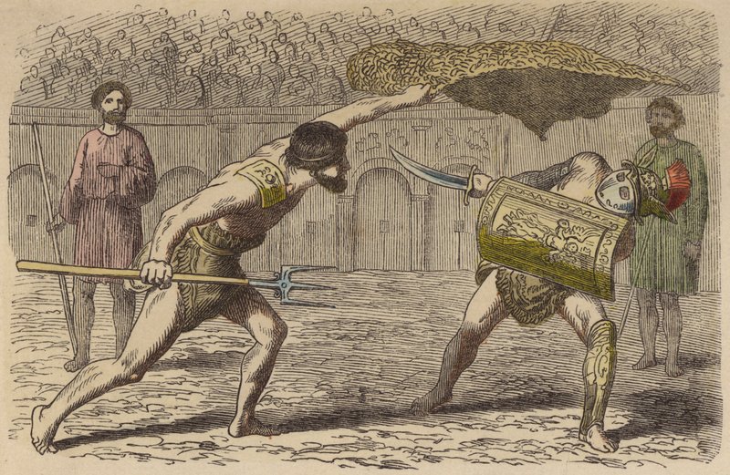 Roma gladyatörleri: Samnit ile savaşan bir retiarius (renkli gravür) by German School