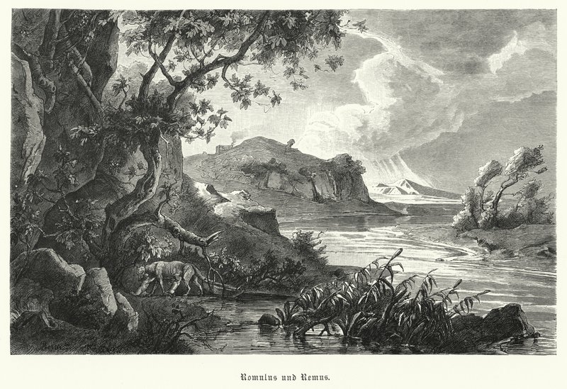 Antik Roma'nın efsanevi kurucuları Romulus ve Remus, vahşi doğada dişi kurt tarafından emziriliyor (gravür) by German School