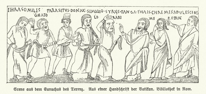 Eunuchus'tan (Hadım) bir sahne, Romalı oyun yazarı Terence'in (litho) komedisi by German School