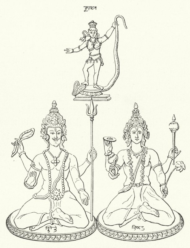 Shiva, Vishnu ve Krishna, Hindu Tanrıları (Gravür) by German School