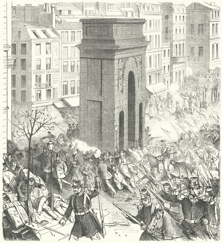 Aralık 1851 Fransız darbesi sırasında Paris sokaklarında askerler (gravür) by German School