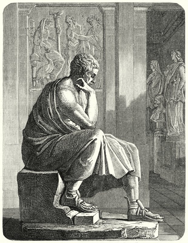 Aristoteles heykeli, Antik Yunan filozofu ve bilim adamı (gravür) by German School