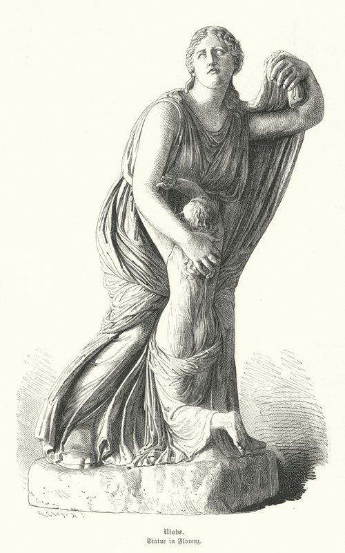 Niobe'nin çocuklarından birini Artemis ve Apollon'dan koruyan heykeli (gravür) by German School