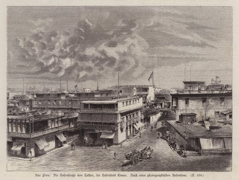 Callao limanına giden cadde, Lima limanı, Peru (gravür) by German School