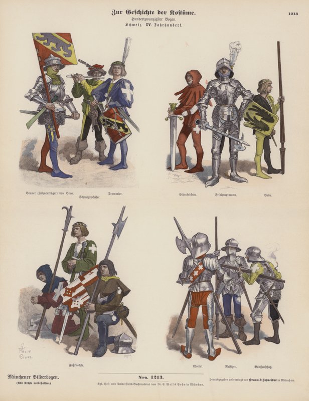 15. yüzyılın İsviçre askeri kostümleri (renkli gravür) by German School