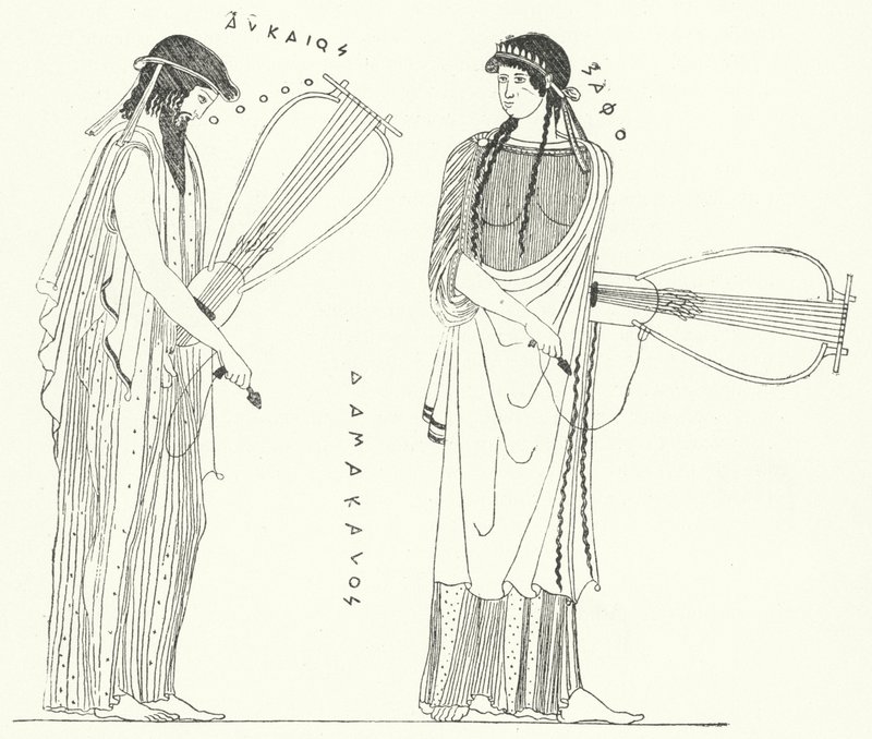 Antik Yunan şairi Alcaeus ve sevgilisi Sappho (gravür) by German School