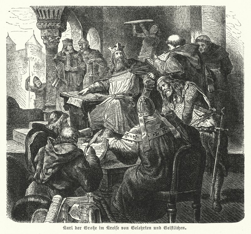 Bilginler ve din adamları tarafından çevrili İmparator Charlemagne (gravür) by German School
