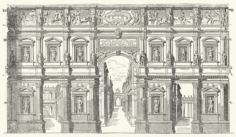 Teatro Olimpico ("Olimpiyat Tiyatrosu") Vicenza, Kuzey İtalya (gravür) by German School