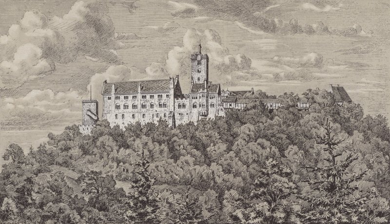 Wartburg, Eisenach kasabasına bakan kale, Thüringen, Almanya (litho) by German School