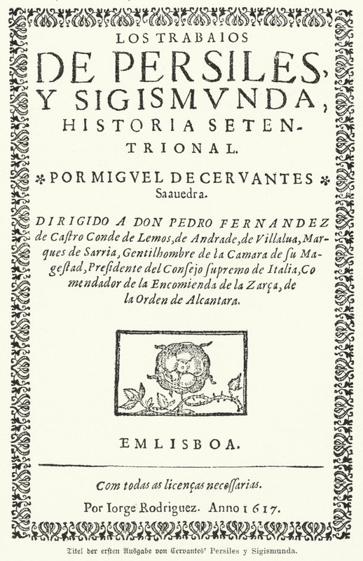 İspanyol romancı Miguel de Cervantes'in Los trabajos de Persiles y Sigismunda'nın (Persiles ve Sigismunda'nın Eserleri) ilk baskısının başlık sayfası by German School