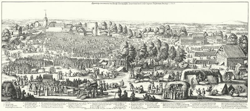 Hornhausen köyündeki şifalı kaynakları ziyaret eden gezginler, 1646 (gravür) by German School