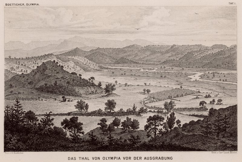 Olympia Vadisi, Yunanistan, arkeolojik kazılardan önce (gravür) by German School