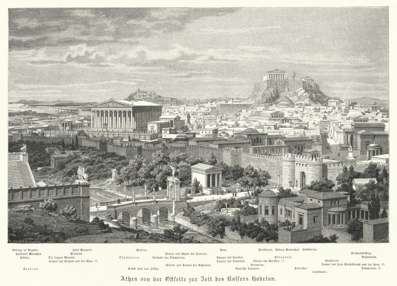Atina'nın Roma İmparatorluğu döneminde doğudan görünümü Hadrian, 2. Yüzyıl (gravür) by German School