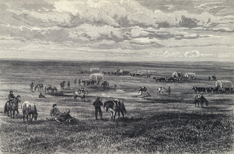 Güney Dakota, ABD kırlarında vagon treni (litho) by German School