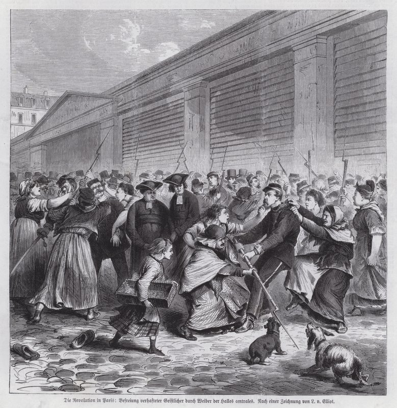 Les Halles pazarının kadınları, din adamlarını esaretten kurtarıyor, Paris Komünü by German School