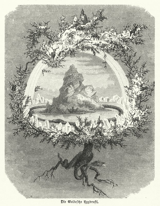 Yggdrasil, İskandinav kozmolojisinin efsanevi dişbudak ağacı (gravür) by German School