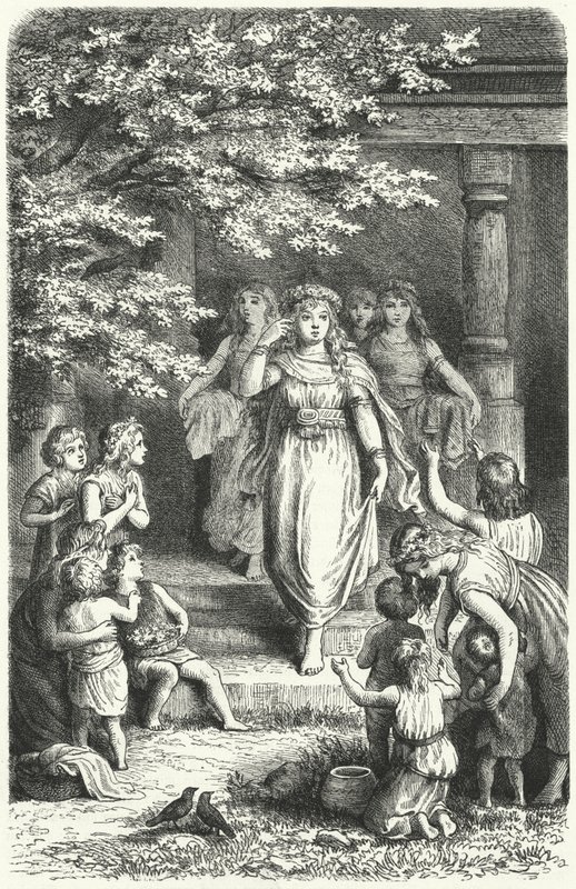 Eostre (Ostara) festivalini kutlamak için çelenk takan genç Alman kadınlar (gravür) by German School