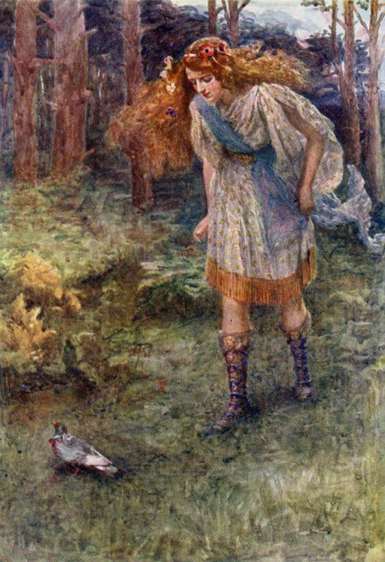 "Ve ne zaman yaklaşsa güvercin biraz ileri uçardı" (renkli litho) by Gertrude E. Demain (after) Hammond