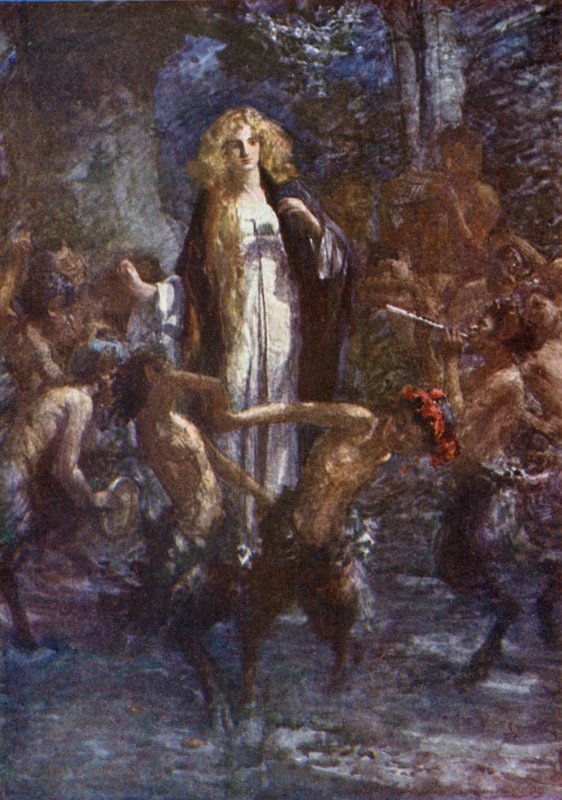 "Satirler onun etrafında neşe içinde dans ettiler" (renkli lito) by Gertrude E. Demain (after) Hammond