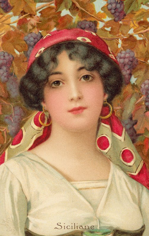 Üzüm asması olan Sicilyalı bir kadının portresi (renkli taş) by Giovanni Barbaro