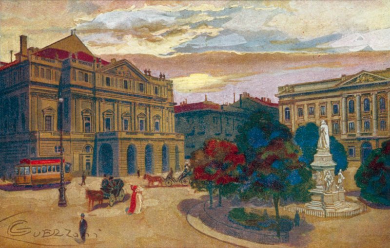 Milano / Milano: Piazza ve Teatro della Scala (renkli litho) by Giovanni Guerzoni