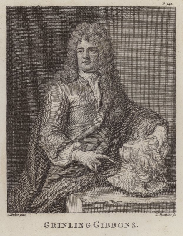Grinling Gibbons, İngiliz ahşap oymacısı ve heykeltıraş (gravür) by Godfrey (after) Kneller