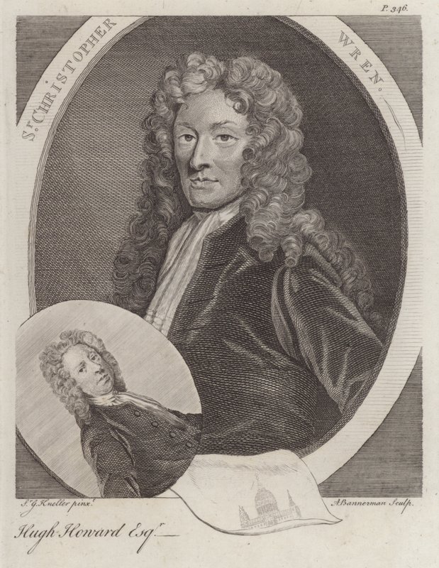 Sir Christopher Wren, İngiliz mimar ve Hugh Howard, İngiliz sanatçı ve koleksiyoncu (gravür) by Godfrey (after) Kneller
