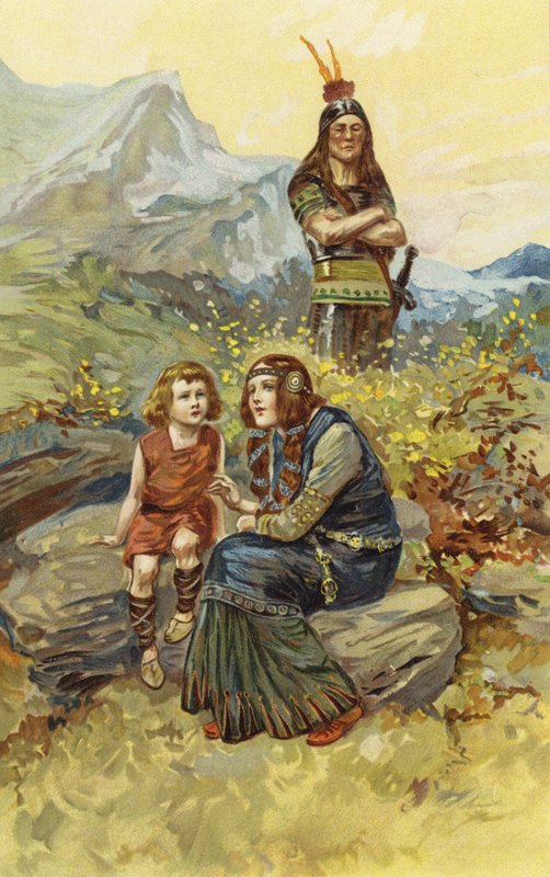 Tahvil-kadın ve oğlu Olaf sabah güneşinin altında oturdular (chromolitho) by Gordon Frederick Browne