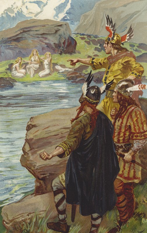 Gölün kenarında oturmuş keten (chromolitho) ören üç genç kız gördüler. by Gordon Frederick Browne
