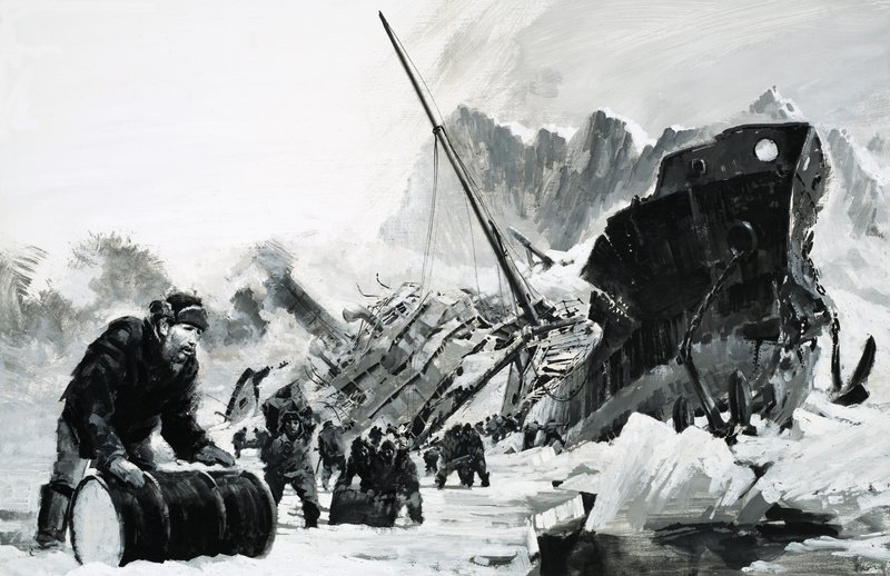 Buzlu bir buzul üzerinde tanımlanamayan gemi enkazı by Graham Coton