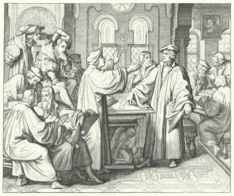 Martin Luther, Huldrych Zwingli ile kutsal töreni tartışırken (gravür) by Gustav Ferdinand Leopold Konig
