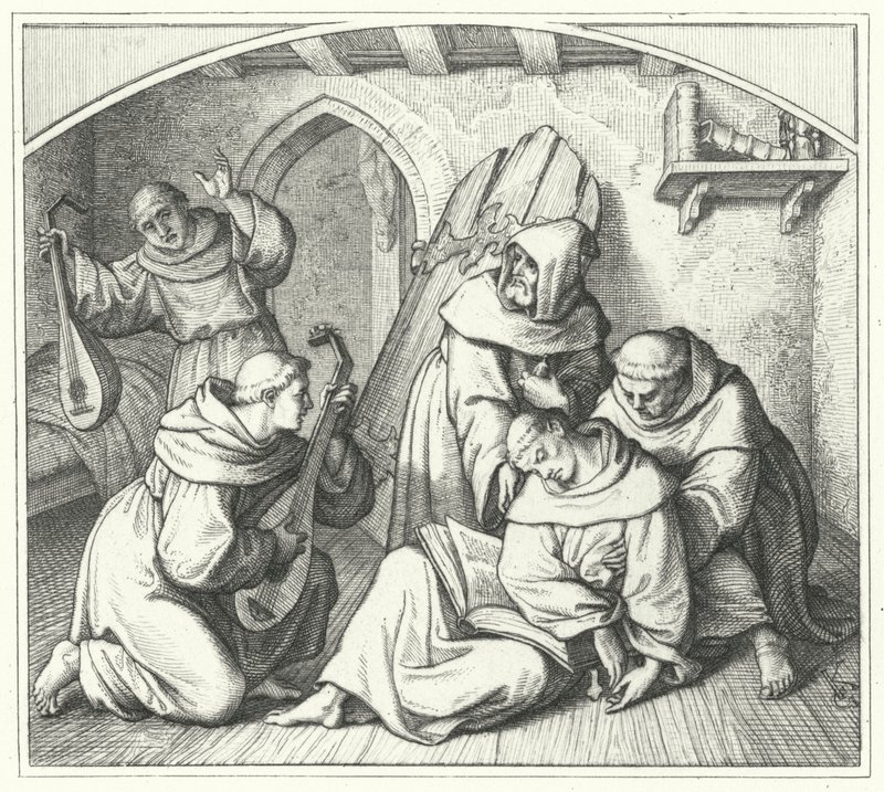 Martin Luther elinde İncille bayılıyor ve arkadaşları onu kendine getiriyor (gravür) by Gustav Ferdinand Leopold Konig