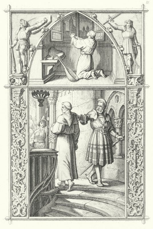 Martin Luther, Solucan Diyetine hazırlanırken dua ederken (üstte). Georg von Frundsberg, Martin Luther