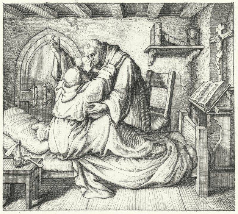 Martin Luther, manastırdaki manevi işkencesi sırasında bir keşiş arkadaşı tarafından teselli edildi (gravür) by Gustav Ferdinand Leopold Konig
