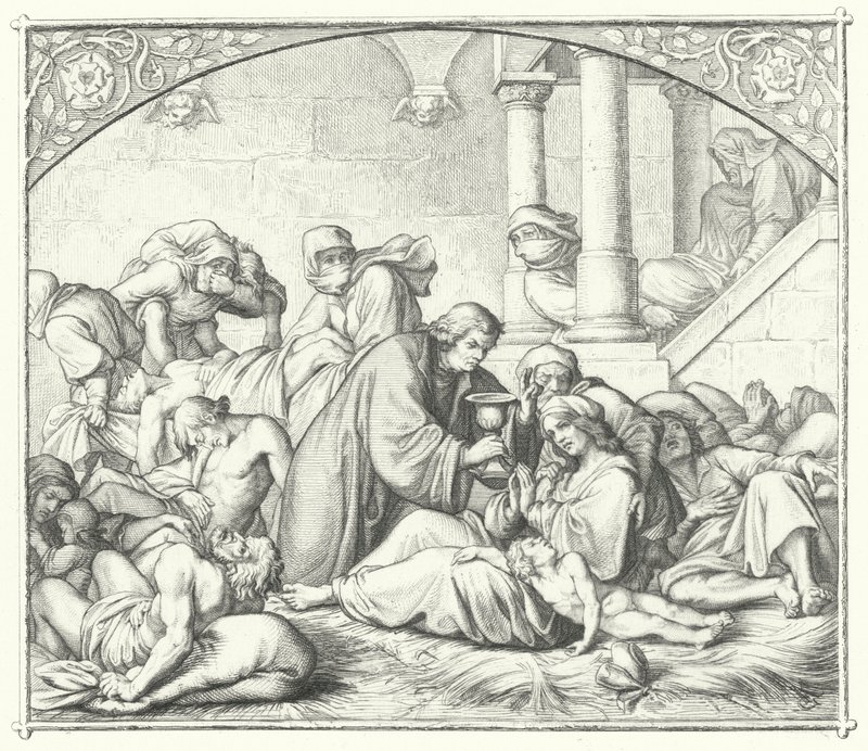 Martin Luther veba hastalarını teselli ediyor (gravür) by Gustav Ferdinand Leopold Konig