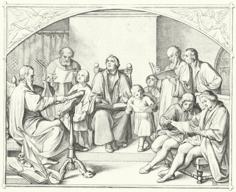 Martin Luther bir kilise korosuyla şarkı söylüyor (gravür) by Gustav Ferdinand Leopold Konig