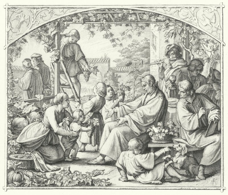 Martin Luther, ailesi ve bazı çağdaşları ile yazın tadını çıkarıyor (gravür) by Gustav Ferdinand Leopold Konig