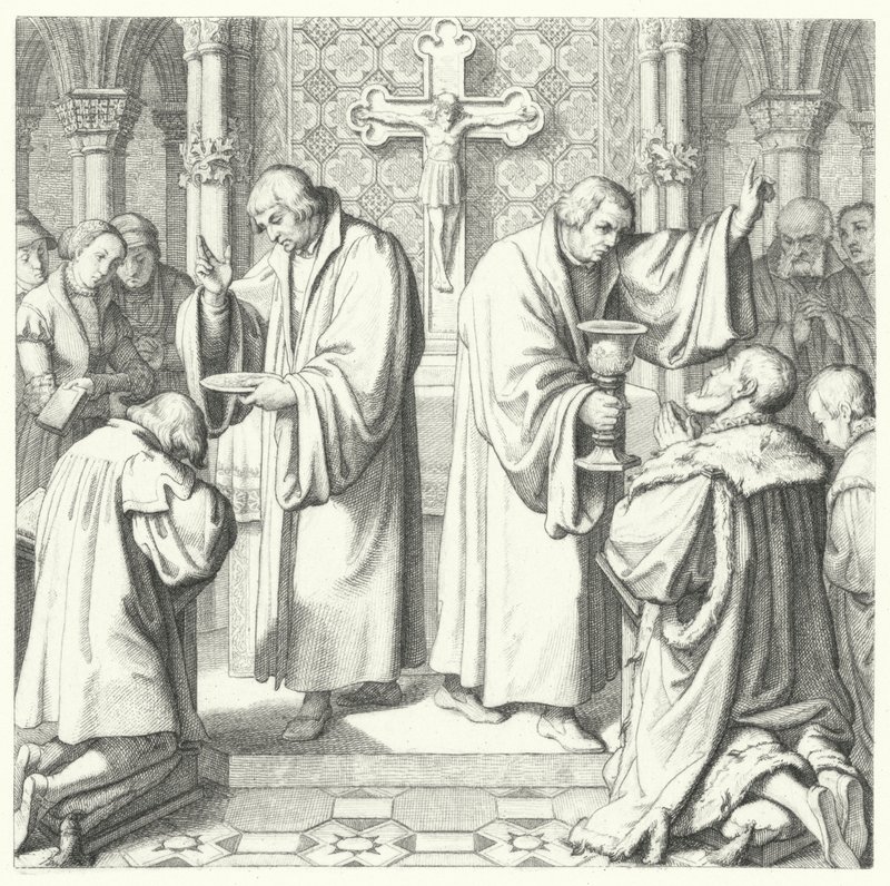 Hem Protestan hem de Katolik formlarda gösterilen Komünyon (gravür) by Gustav Ferdinand Leopold Konig