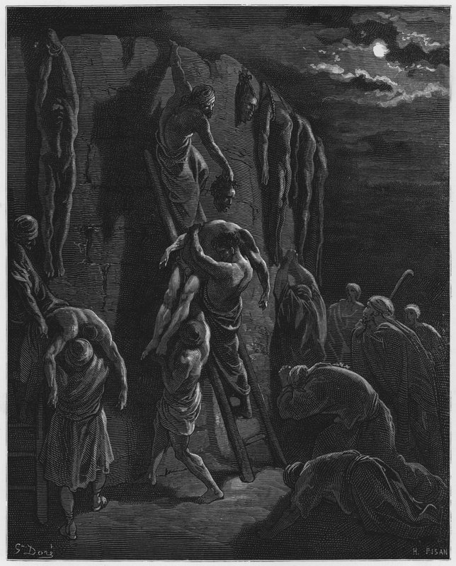 Gustave Dore Bible: The inhabitants of Jabesh-Gilead recovering the bodies of Saul and his sons  by Gustave Dore